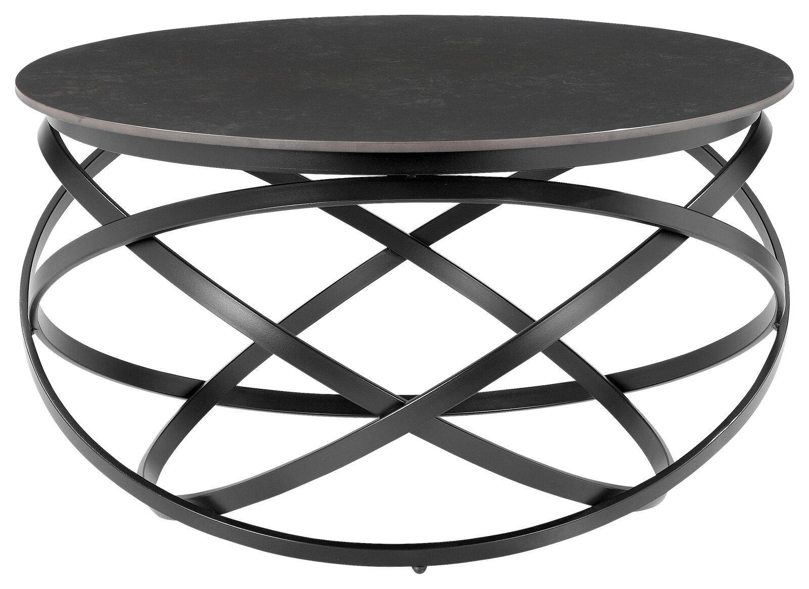 Moderner runder Couchtisch mit schwarzer Tischplatte und kunstvollem Metallgestell, Frontalansicht.