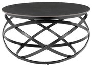 Moderner runder Couchtisch mit schwarzer Tischplatte und kunstvollem Metallgestell, Frontalansicht.