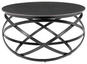 Moderner runder Couchtisch mit schwarzer Tischplatte und kunstvollem Metallgestell, Frontalansicht.