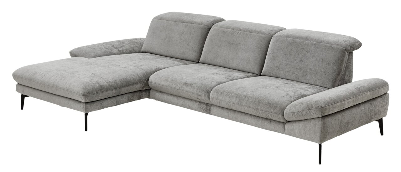 Beldomo System Longchair-combinatie AUGSBURG Grijze longchair-set met drie zitplaatsen en een liggedeelte aan de linkerkant, gezien vanaf de zijkant.