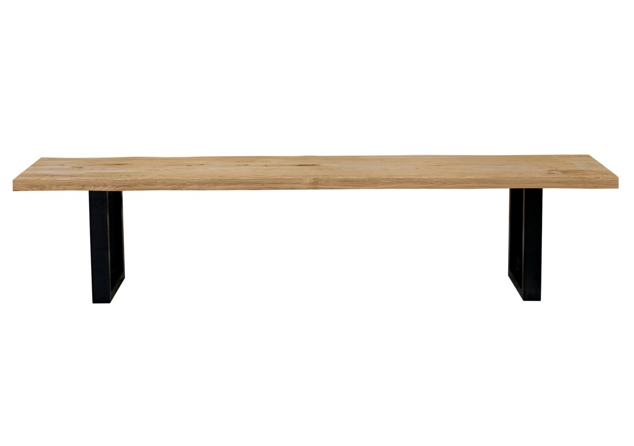 Houten bank met zwart metalen frame, vooraanzicht