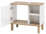 Waschbeckenunterschrank mit offenem Schrank und Regal, Holzoptik, Perspektive von vorne links