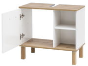 Waschbeckenunterschrank mit offenem Schrank und Regal, Holzoptik, Perspektive von vorne links