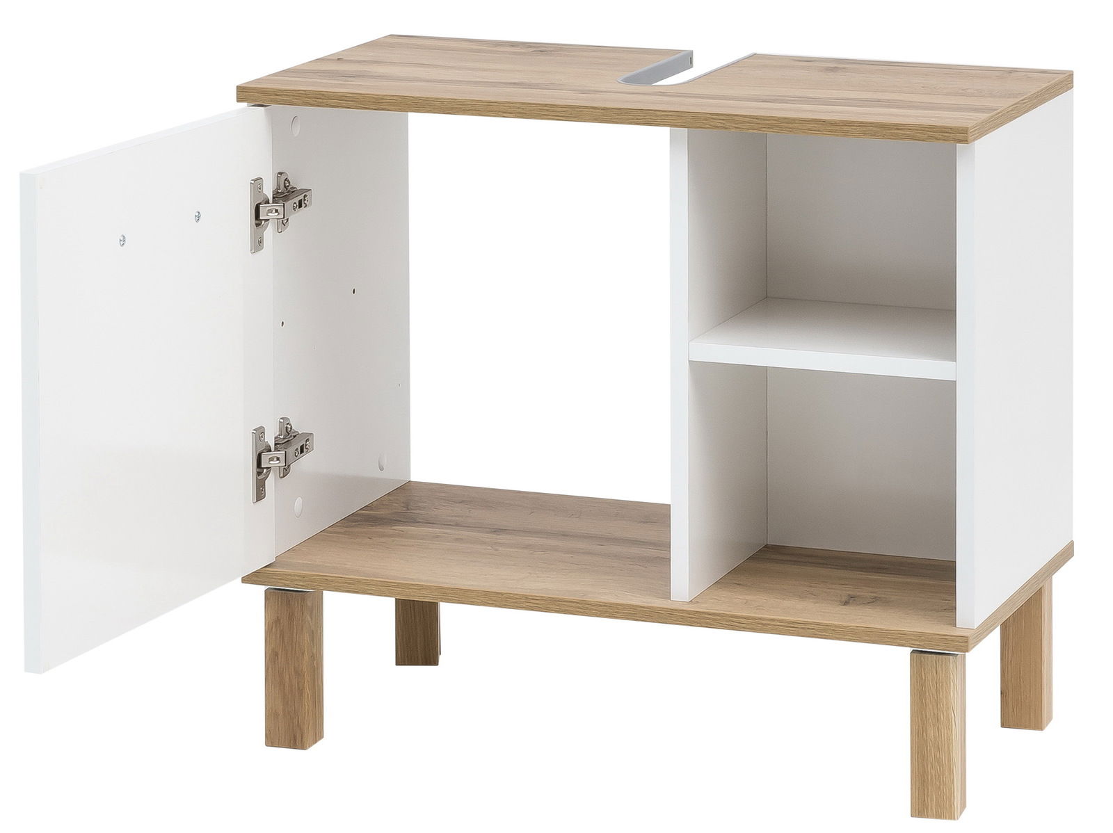 Waschbeckenunterschrank mit offenem Schrank und Regal, Holzoptik, Perspektive von vorne links