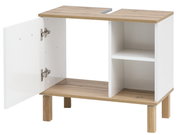 Waschbeckenunterschrank mit offenem Schrank und Regal, Holzoptik, Perspektive von vorne links