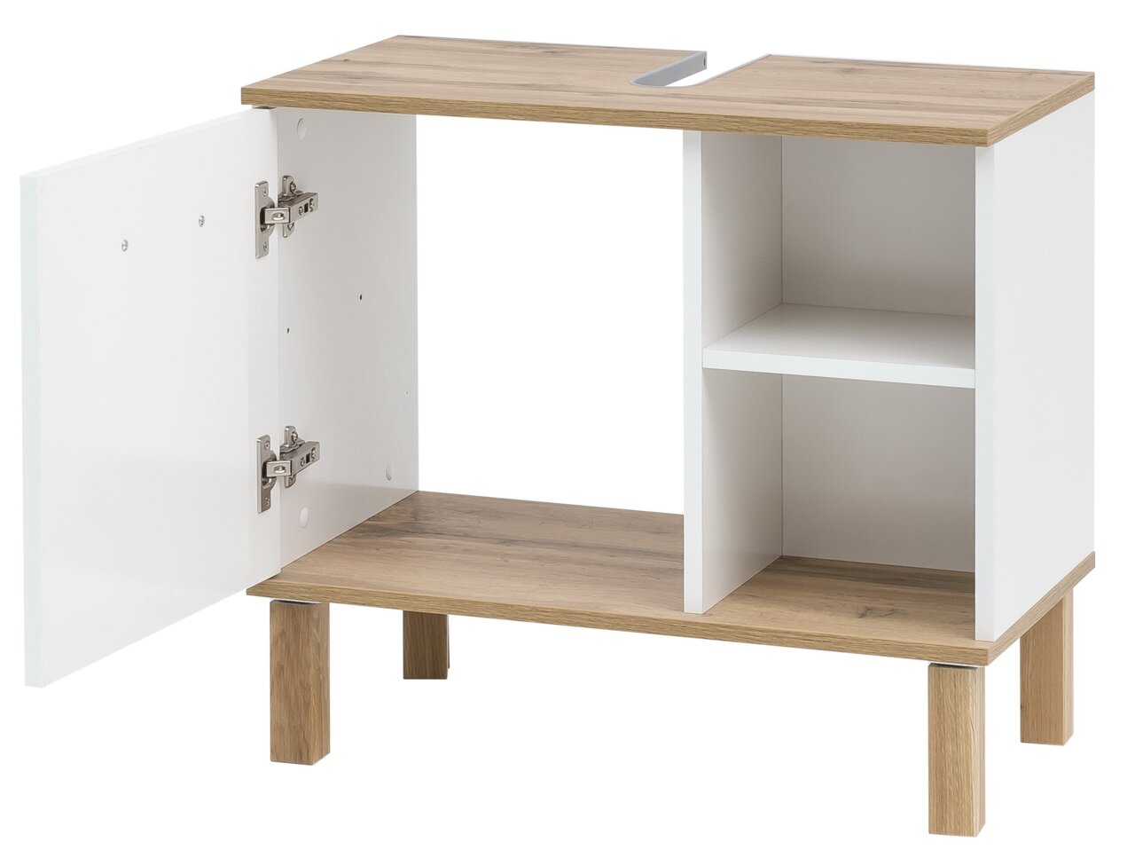 Zurbrüggen Waschbeckenunterschrank PADUA Waschbeckenunterschrank mit offenem Schrank und Regal, Holzoptik, Perspektive von vorne links