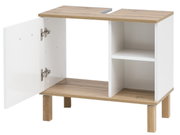 Wastafelonderkast met open kast en plank, houtlook, aanzicht van linksvoor