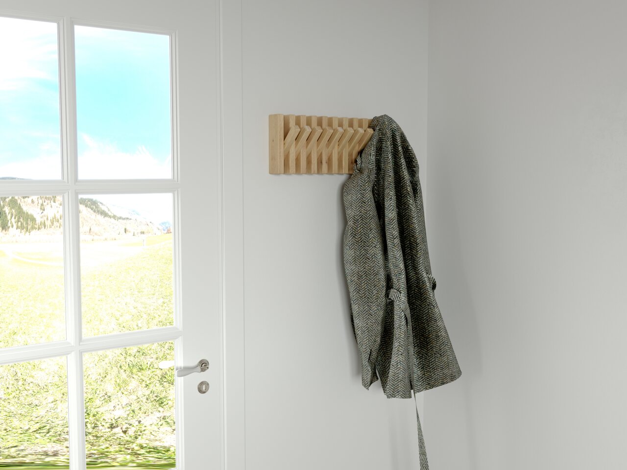 Linea Natura Garderobenleiste STUDIO LINE Holzgarderobenleiste an der Wand mit einem Mantel, seitliche Perspektive