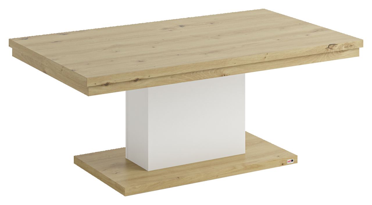 Moderner Couchtisch aus Holz mit rechteckiger Tischplatte und weißem Mittelteil, seitliche Perspektive