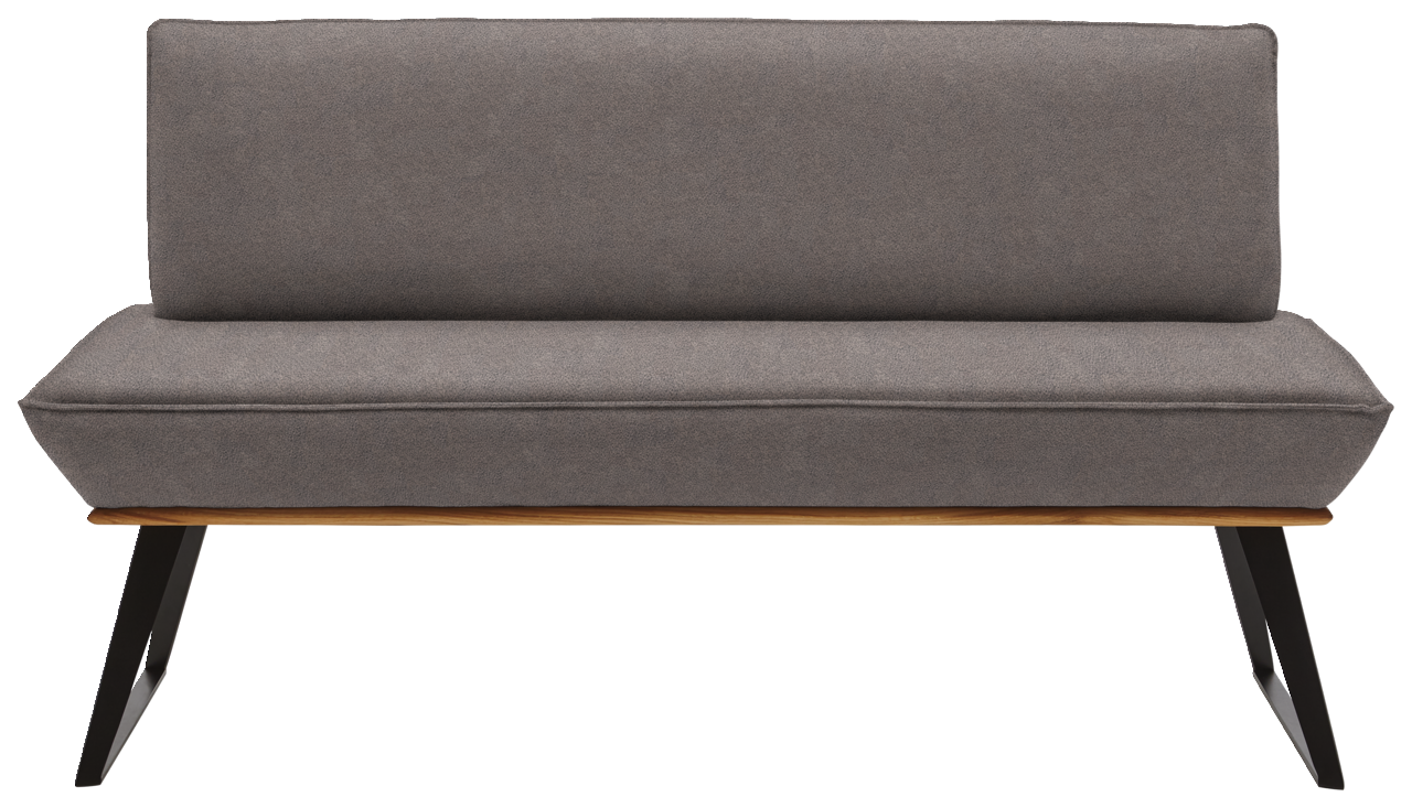 Graue Bank mit gepolsterter Sitzfläche und Rückenlehne, schwarze Metallbeine, Frontalansicht