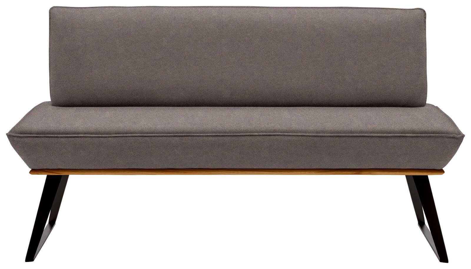 Graue Bank mit gepolsterter Sitzfläche und Rückenlehne, schwarze Metallbeine, Frontalansicht