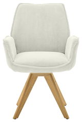 Frontansicht eines Armlehnstuhls mit hellem Stoffbezug und Holzbeinen