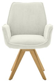 Frontansicht eines Armlehnstuhls mit hellem Stoffbezug und Holzbeinen