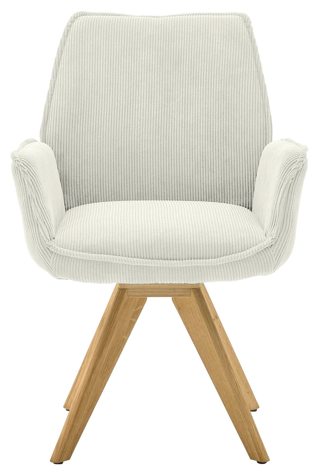 Frontansicht eines Armlehnstuhls mit hellem Stoffbezug und Holzbeinen