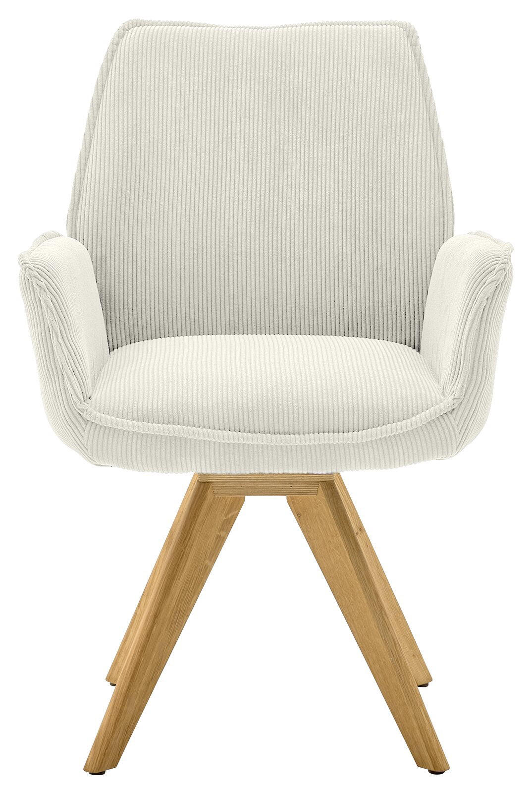 Frontansicht eines Armlehnstuhls mit hellem Stoffbezug und Holzbeinen