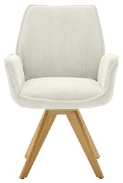 Frontansicht eines Armlehnstuhls mit hellem Stoffbezug und Holzbeinen