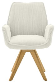 Vooraanzicht van een fauteuil met een lichte stoffen bekleding en houten poten