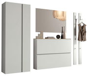 Garderobenset 220cm in moderner Perspektive mit Schrank, Spiegel, Kommode und Wandhaken.