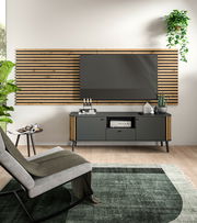 Modernes Wohnzimmer mit einem stilvollen Akustikpaneel an der Wand hinter einem großen Fernseher, umgeben von eleganten Möbeln und Pflanzen. Perspektive: Frontalansicht.