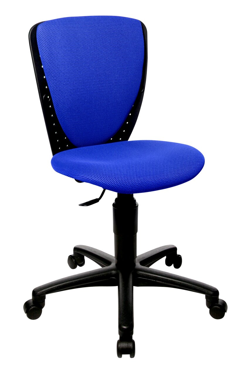 Blauer Kinder- und Jugendstuhl mit ergonomischer Rückenlehne und schwarzem Drehfuß, seitliche Perspektive