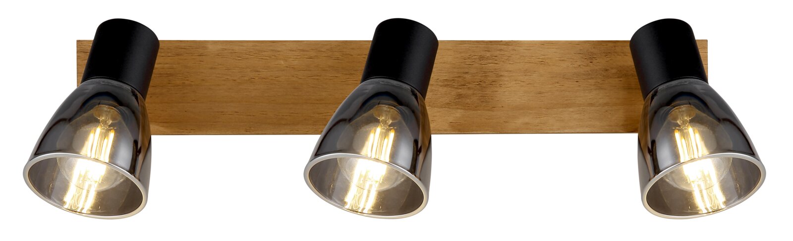 Dreifacher Strahler mit Holzleiste und schwarzen Fassungen, seitliche Perspektive