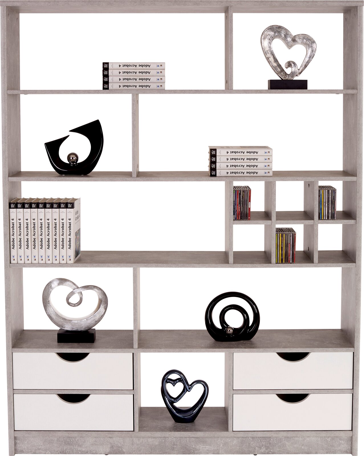 Moderner Raumteiler oder Regal MEGGY mit mehreren Fächern und Schubladen, dekoriert mit Büchern und Skulpturen, frontal abgebildet.