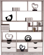 Moderner Raumteiler oder Regal MEGGY mit mehreren Fächern und Schubladen, dekoriert mit Büchern und Skulpturen, frontal abgebildet.