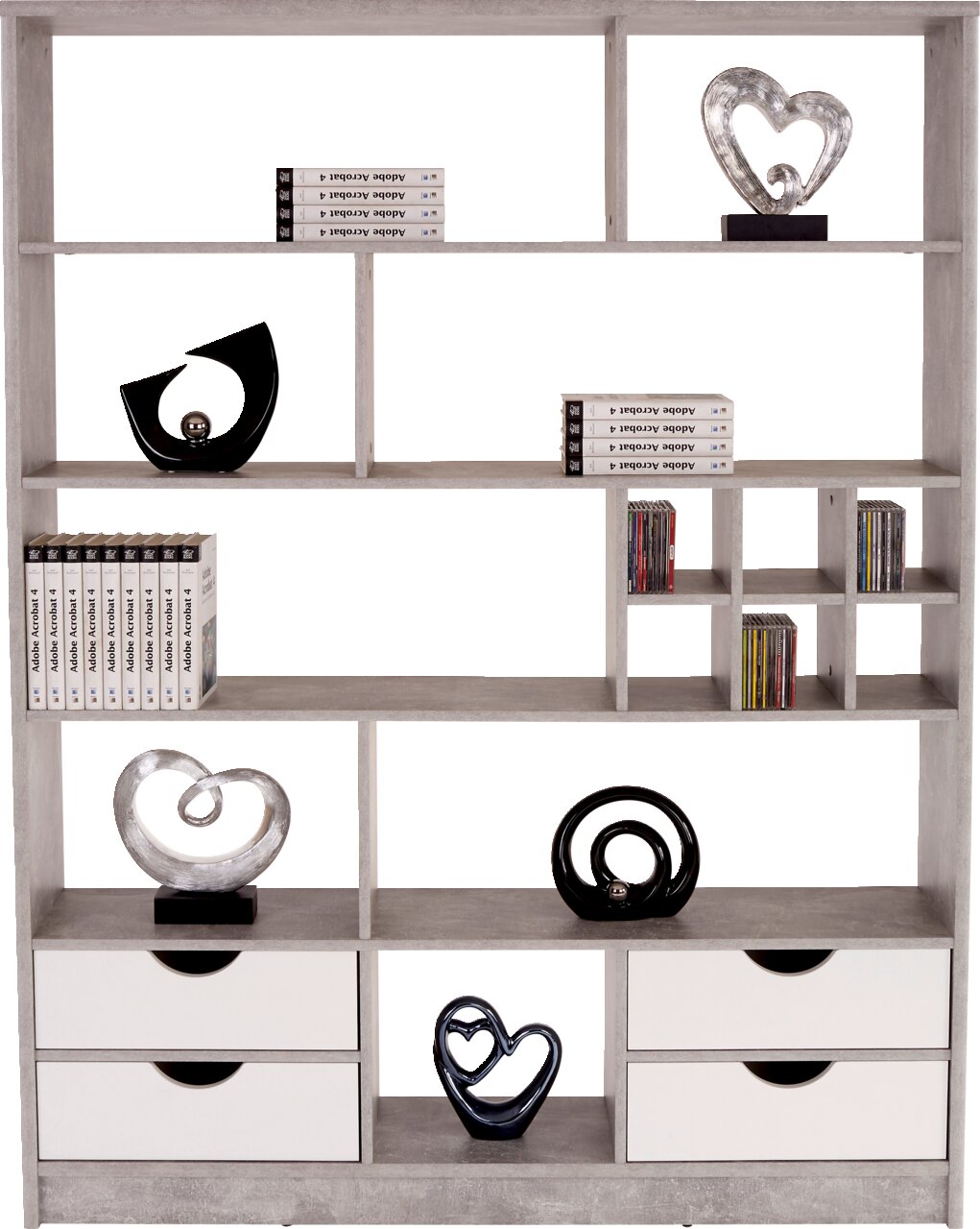 Moderner Raumteiler oder Regal MEGGY mit mehreren Fächern und Schubladen, dekoriert mit Büchern und Skulpturen, frontal abgebildet.