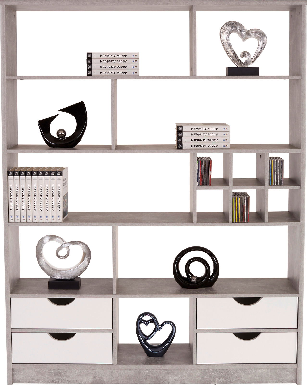 Moderner Raumteiler oder Regal MEGGY mit mehreren Fächern und Schubladen, dekoriert mit Büchern und Skulpturen, frontal abgebildet.