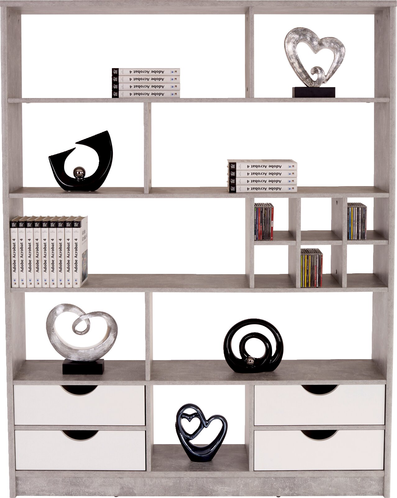 Moderne scheidingswand of boekenkast MEGGY met meerdere vakken en lades, versierd met boeken en beeldjes, afgebeeld van voren.