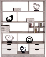 Moderne scheidingswand of boekenkast MEGGY met meerdere vakken en lades, versierd met boeken en beeldjes, afgebeeld van voren.
