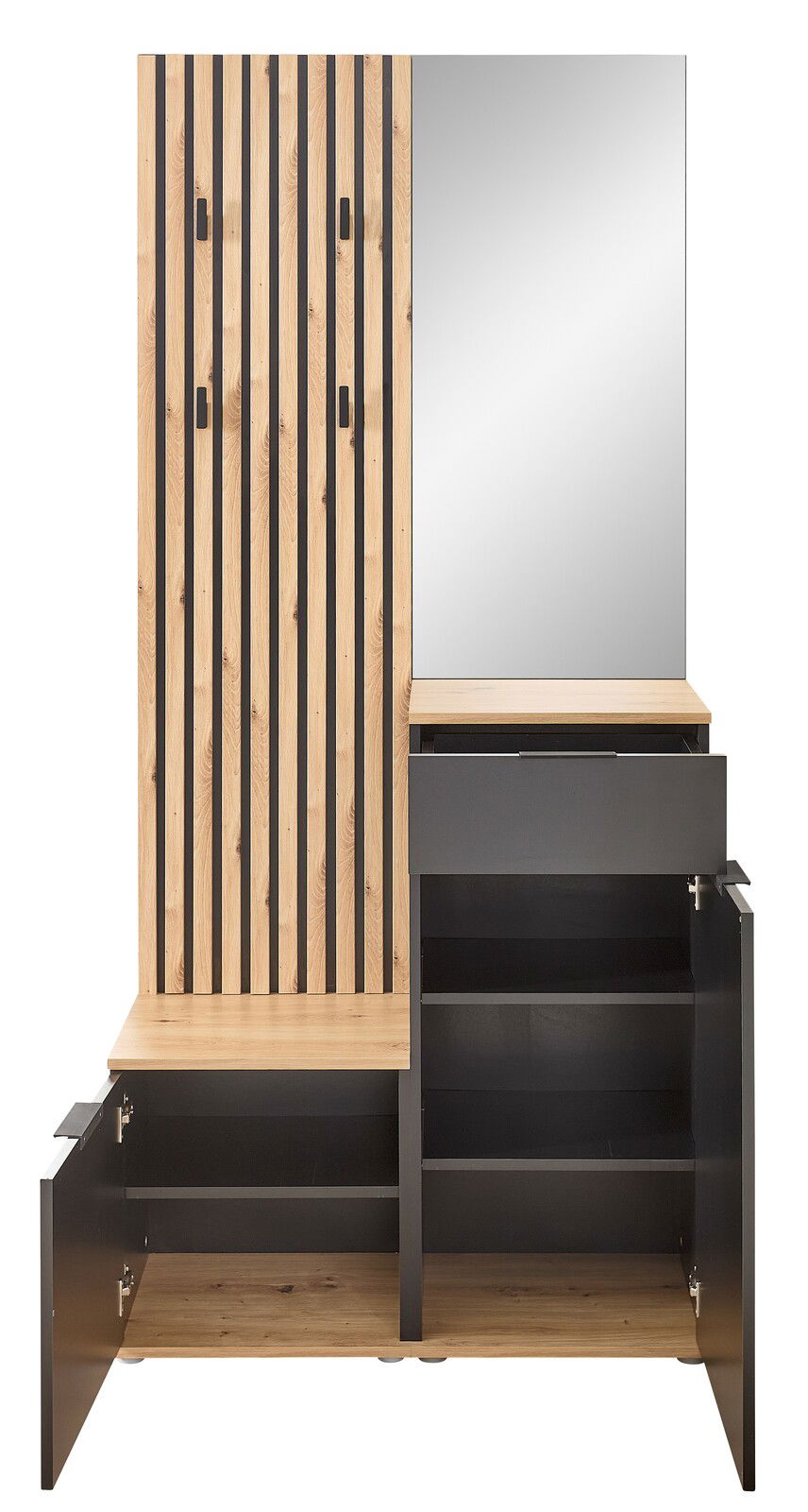 Kompaktgarderobe mit Holz- und Metallelementen, Spiegel und offenen Schränken, frontale Ansicht