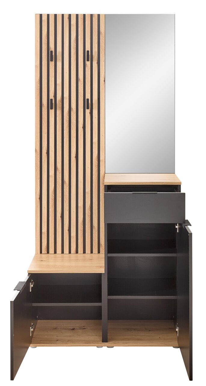 Kompaktgarderobe mit Holz- und Metallelementen, Spiegel und offenen Schränken, frontale Ansicht