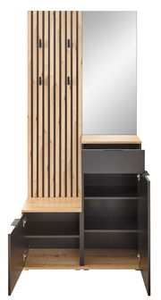 Kompaktgarderobe mit Holz- und Metallelementen, Spiegel und offenen Schränken, frontale Ansicht