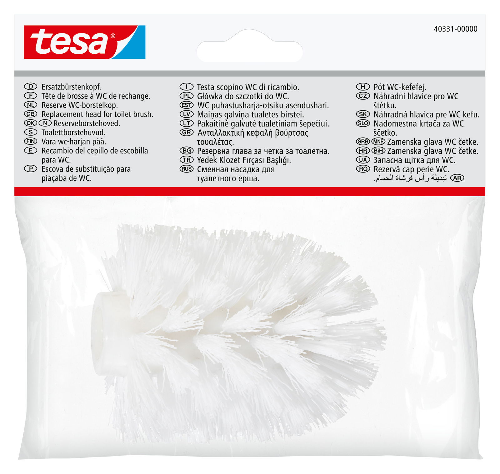 Ersatzbürstenkopf für Toiletten von tesa, in Verpackung von vorne fotografiert