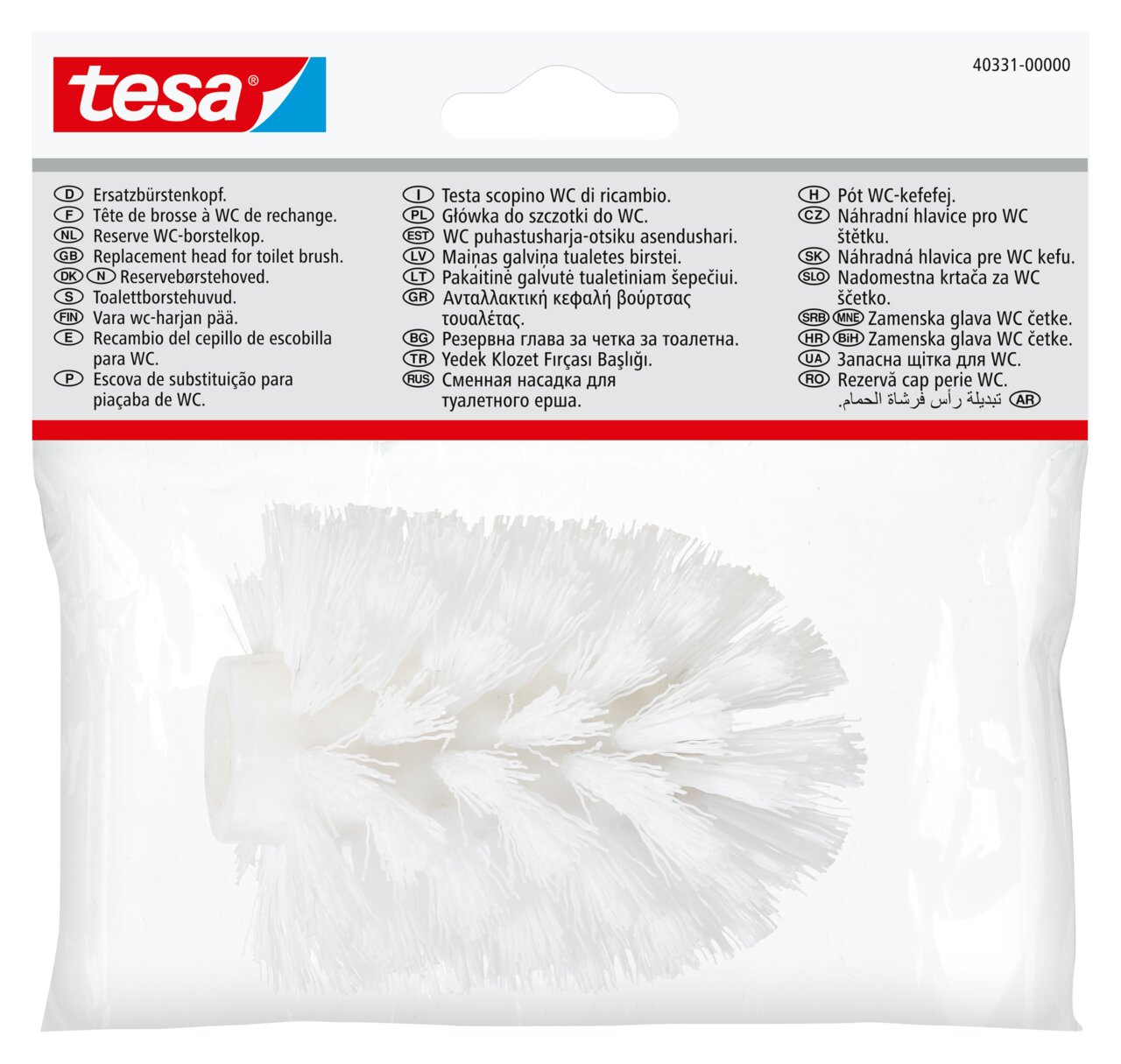 Ersatzbürstenkopf für Toiletten von tesa, in Verpackung von vorne fotografiert