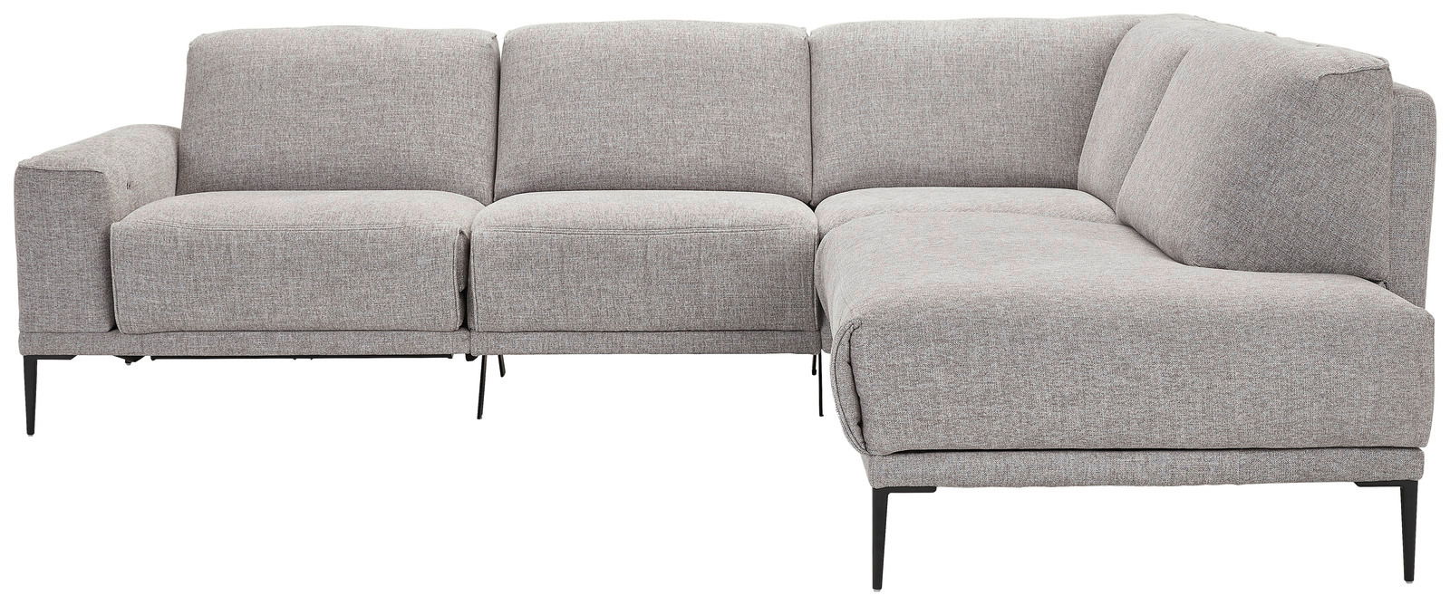 Graue Polsterrundecke in L-Form, frontal betrachtet, mit schlanken schwarzen Beinen.