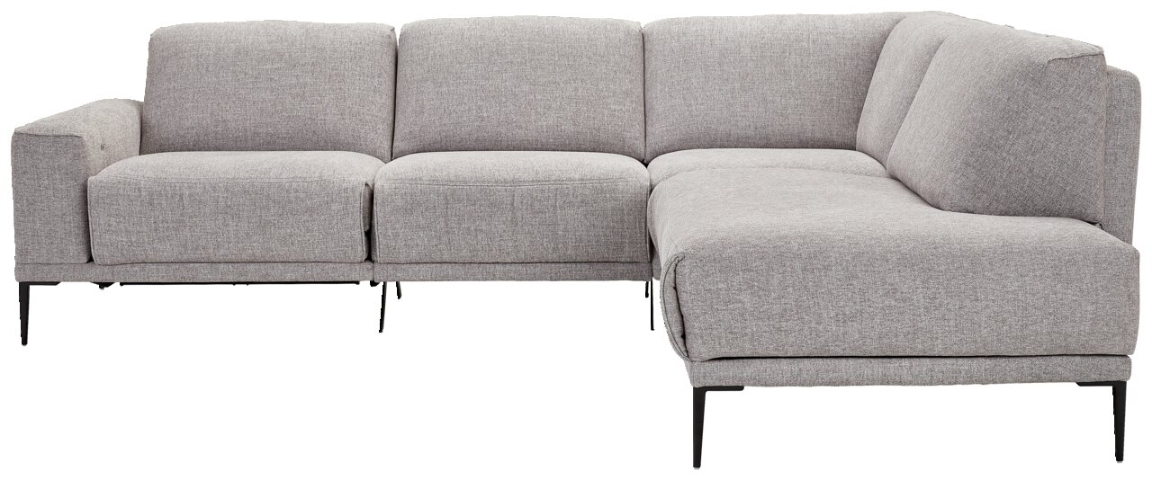 Graue Polsterrundecke in L-Form, frontal betrachtet, mit schlanken schwarzen Beinen.