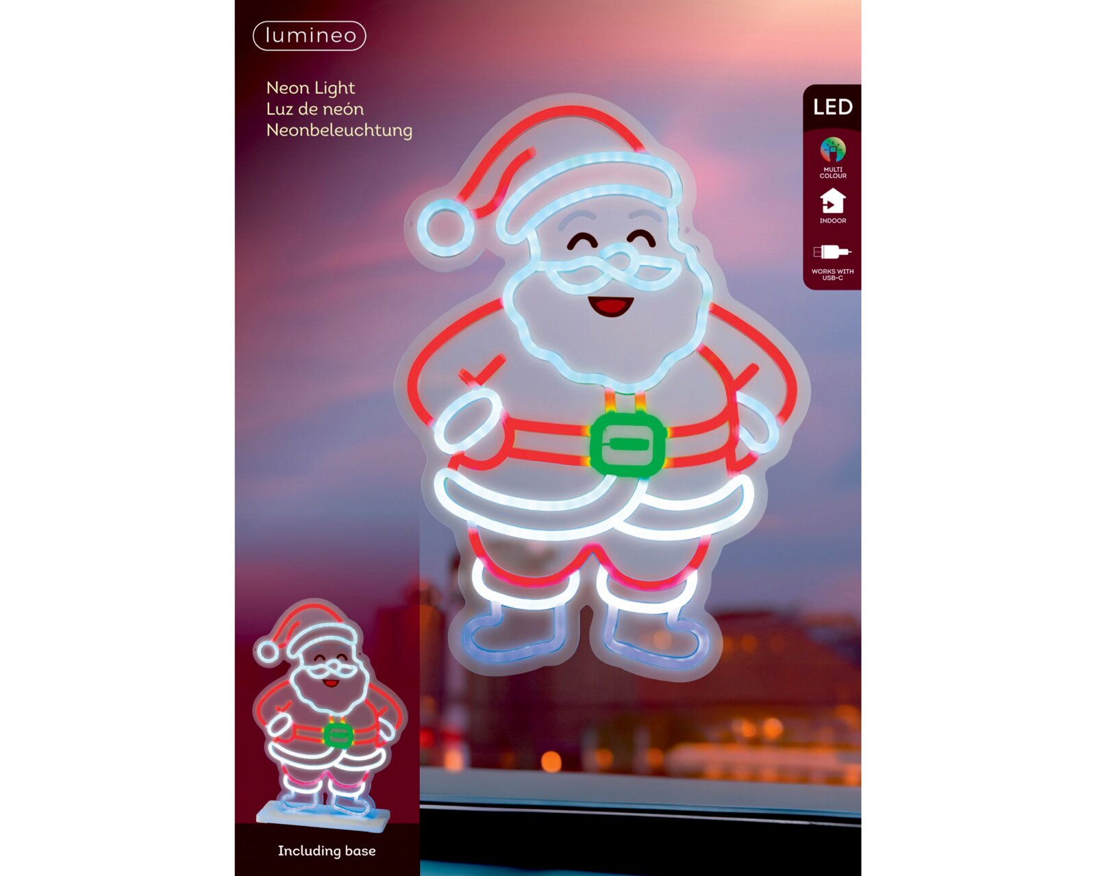 Frontalansicht einer mehrfarbig leuchtenden Lumineo LED-Neonbeleuchtung in Weihnachtsmannform für den Innenbereich, inklusive Standfuß und USB-C-Anschluss