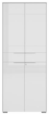 Vorderansicht eines weißen, zweitürigen Aktenschranks mit schlichten Griffen und Schloss.