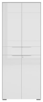 Vorderansicht eines weißen, zweitürigen Aktenschranks mit schlichten Griffen und Schloss.