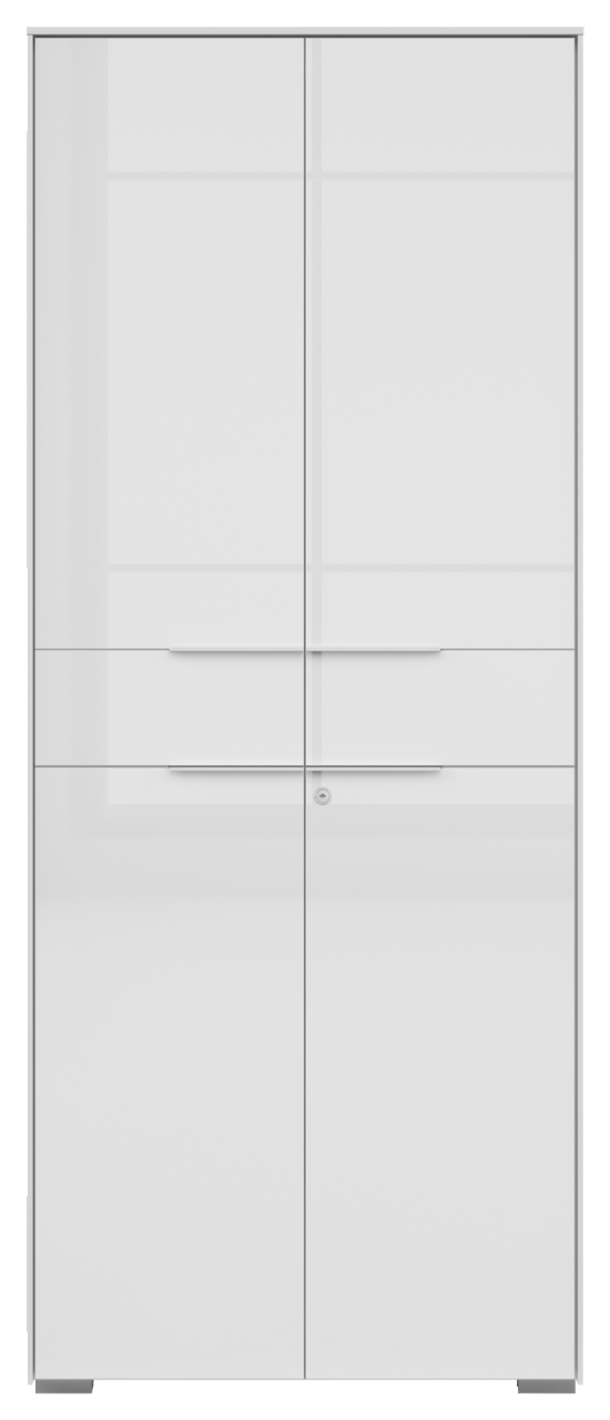 Vorderansicht eines weißen, zweitürigen Aktenschranks mit schlichten Griffen und Schloss.