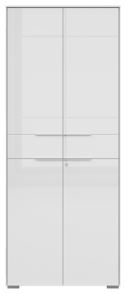 Vorderansicht eines weißen, zweitürigen Aktenschranks mit schlichten Griffen und Schloss.