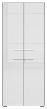 Vorderansicht eines weißen, zweitürigen Aktenschranks mit schlichten Griffen und Schloss.