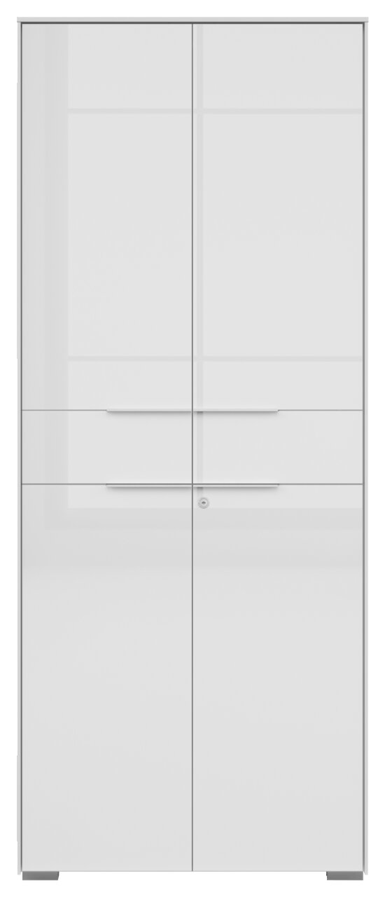 Vorderansicht eines weißen, zweitürigen Aktenschranks mit schlichten Griffen und Schloss.