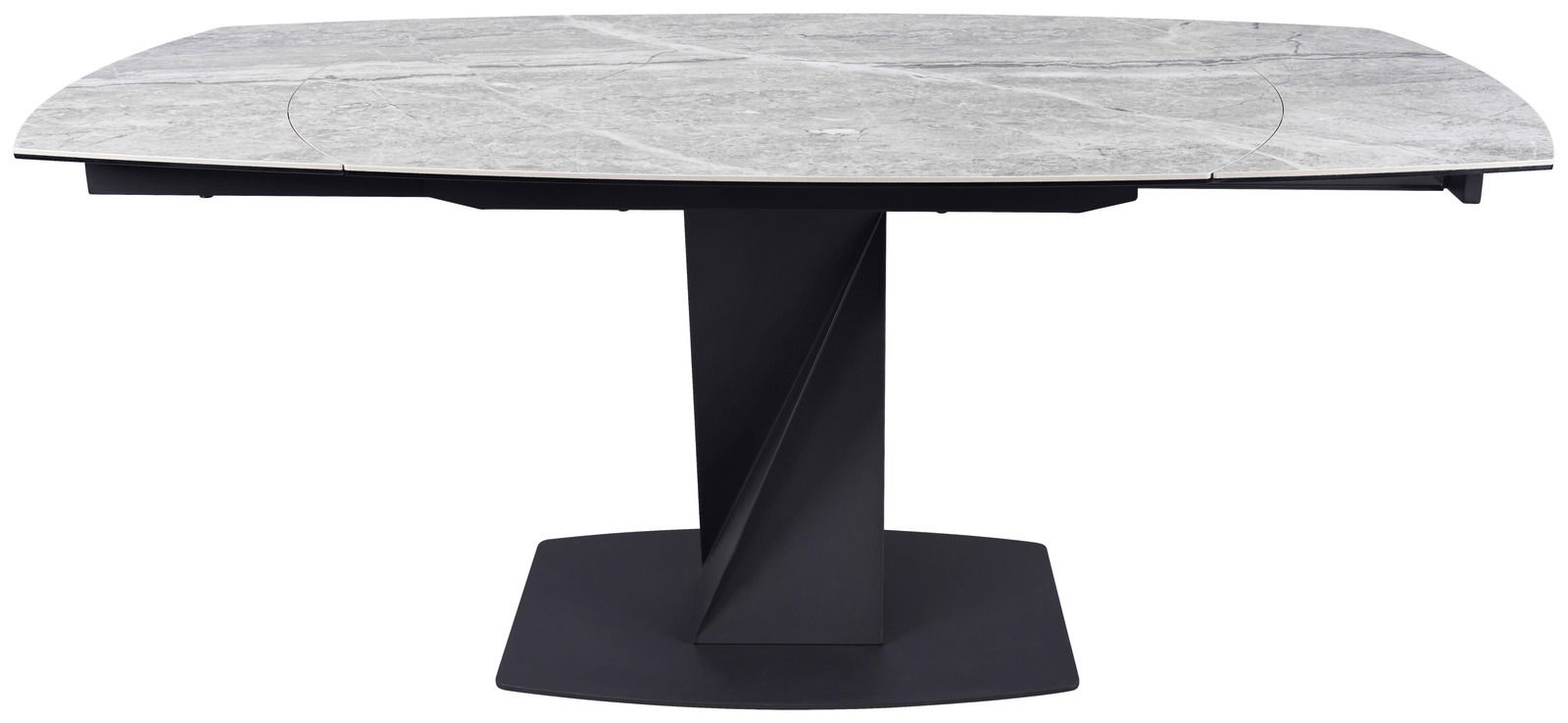 Moderner Esstisch mit grauer Steinplatte und schwarzem, geometrischem Sockel, Frontalansicht