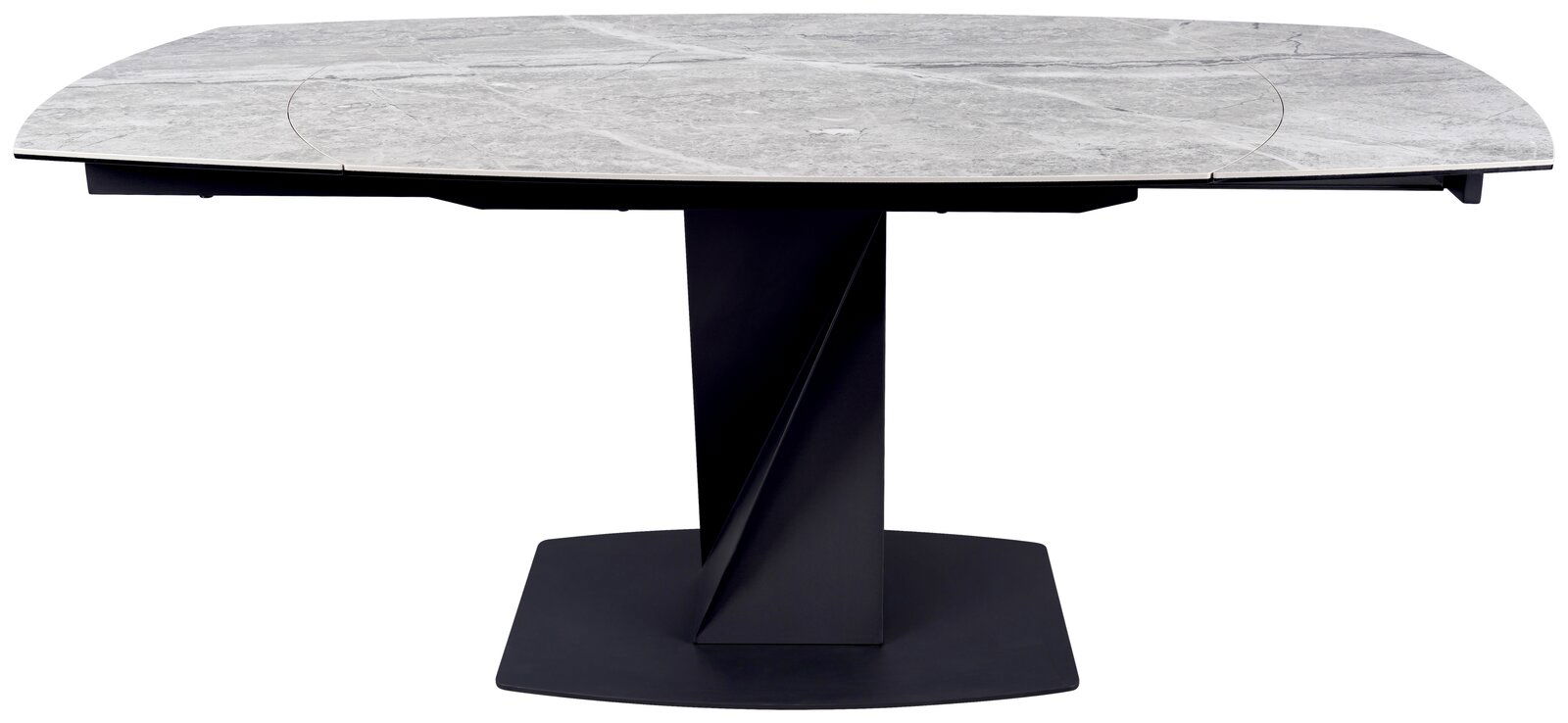 Moderner Esstisch mit grauer Steinplatte und schwarzem, geometrischem Sockel, Frontalansicht