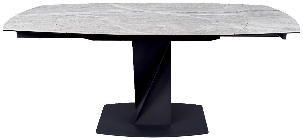Moderner Esstisch mit grauer Steinplatte und schwarzem, geometrischem Sockel, Frontalansicht