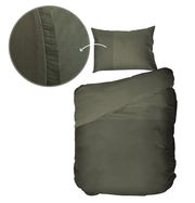 Bettwäsche-Set in Olivgrün, bestehend aus einem Kissenbezug und einem Bettdeckenbezug, mit Nahaufnahme des Stoffmusters. Draufsicht.