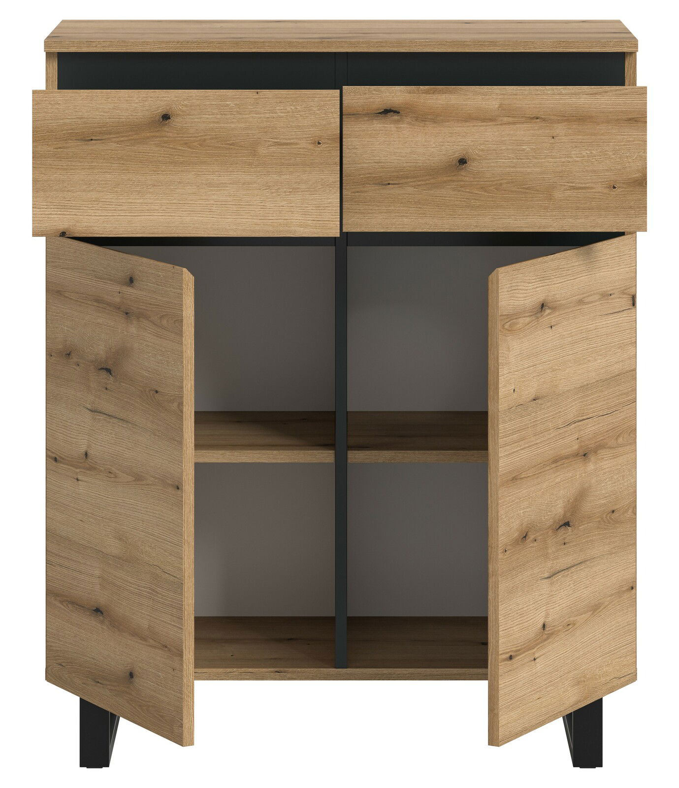 Kommode aus Holz mit zwei offenen Schubladen und zwei offenen Türen, frontal betrachtet.